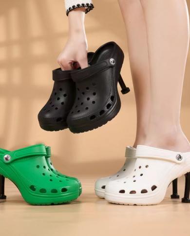 2022 Summer Women Sandals Hole Hole Slippers  Heel Slippers Sandal Shoes Woman Thin High Heels Sandal Lady Pump Heels Wo