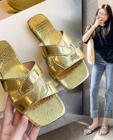 2023 Womens Summer Gold Kbot Flat Sandal  Thin Straps Luxury Slippers Square Toe Flip Flops Casual Beach Flats