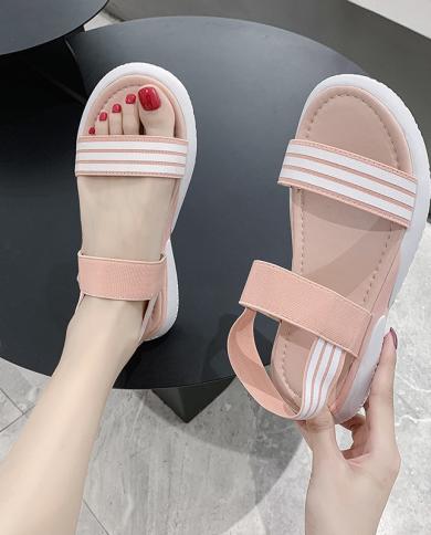 Fashionable Breathable Sandals Pink Elastic Belt Thick Bottom Sponge Cake Womens Shoes 2023 New Fish Mouth Flat Shoes 3