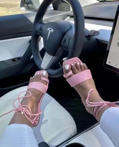 2023 Summer 5 Colours Woman Rope Sandals Lace Up Headgear Toe Ring Strap Roman Sandals Female Flat Outer Sandalsms Slip