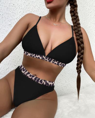 Bikini de leopardo empalmado para mujer 2023 Copa triangular traje de baño de 2 piezas con tirantes sin espalda traje de baño de