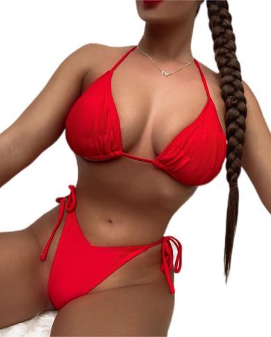 Bikini plisado de Color sólido para mujer, traje de baño de 2 piezas con copa triangular 2023, traje de baño sin espalda, Tanga 