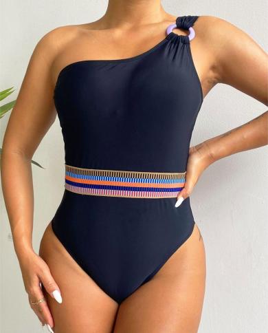 One Piece Swimwear 2023 Women Solid Color Patchwork Bikini Women Single Shoulder Slim Monokini Summer Beach Swimsuit Hx4