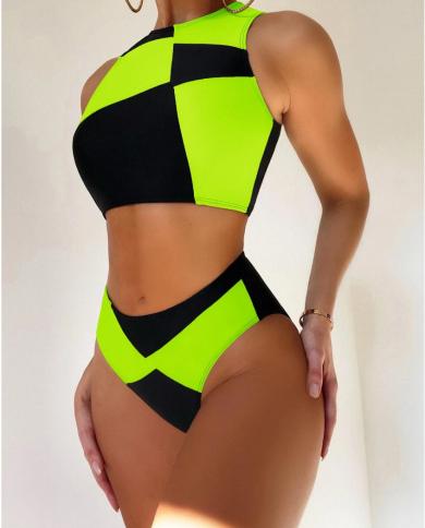 Women Swimsuit  Contrast Stitching Bikini 2023 Fluorescent Green 2 Piece High Waist Bathing Suit Summer Swimwear Lydl230