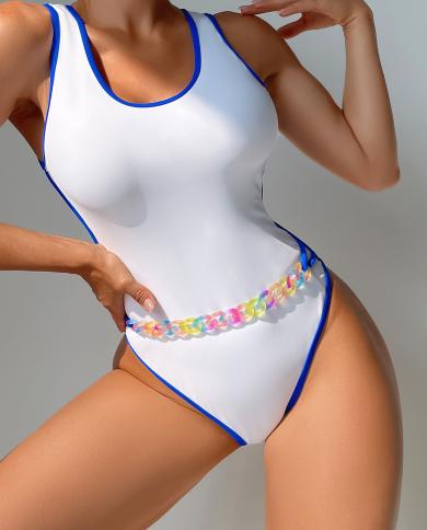 2023 One Piece Bikini Women  Solid Color Stitching Swimwear U Neck Suspender Slim Waist Chain Monokini Bathing Suit Xy 2