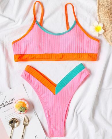 Solid Color Patchwork Swimsuit Women 2 Piece High Waist Bikini 2023  U Neck Chest Wrapping Swimwear High Waist Bathing S