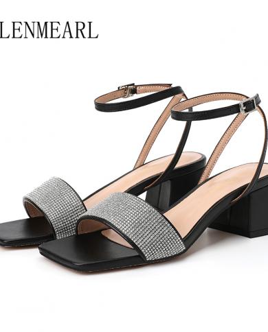 Sandalias de tacón grueso para mujer, zapatos de tacón con correa para los dedos abiertos en negro y plata, zapatos de verano pa