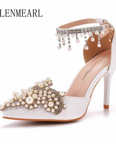 Sandalias de mujer, zapatos de tacón, zapatos de tacón para mujer, boda, novia, perlas, diamantes de imitación, tacones finos, z