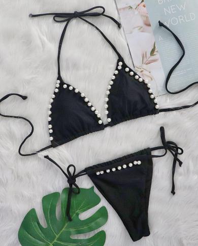 2023 Micro Bikini Black Pearl 2 Piece Swimsuit  Triangle Cup Backless Bathing Suit Low Waist Thong Drawstring Bikinis Bz