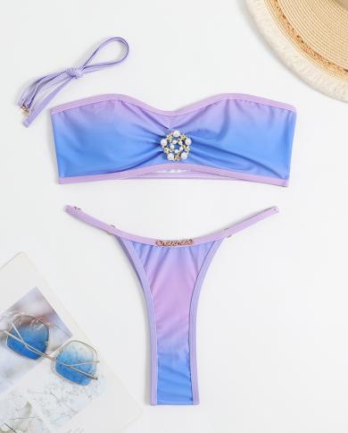 Removable Strap Swimsuit Woman 2023  Gradient Purple Bikini Low Waist Thong Two Piece Swimwear Backless Beach Bathing Su