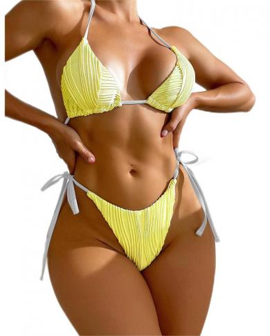 2023 New Yellow Bikini Set 2 Piece Swimsuit  Triangle Cup Suspender Backless Bathing Suit Low Waist Thong Drawstring Bik