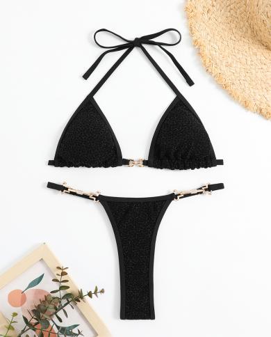 Rhinestone Swimsuit Woman 2023 Bikini Solid Black Two Piece Swimwear Metal Chain Bathing Suit  Thong Backless Beachwear