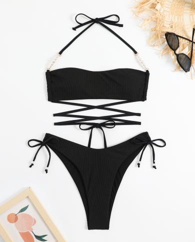 Swimsuit Woman 2023 Bikini Solid Black Two Piece Swimwear Pearl Chain Neck Halter Strap Bathing Suit Lace Up Backless Be
