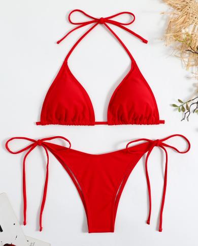 2023 Solid Color Bikini Women  Triangle Cup Two Piece Swimsuit Lace Up Suspender Beach Bathing Suit  Thong Swimwear Yj23