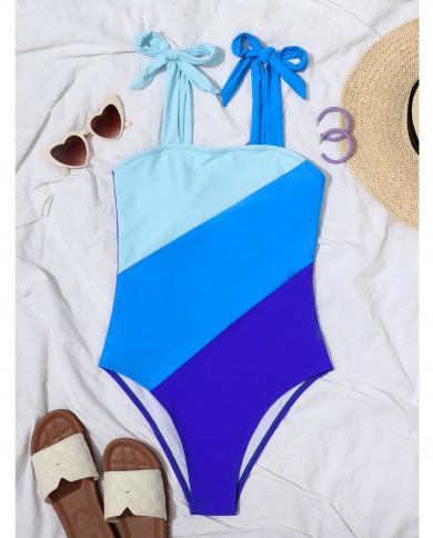 Blue Patchwork Bikini For Women 2023 Suspender Lace Up One Piece Swimwear Summer  Backless High Waist Monokini Pxjy203