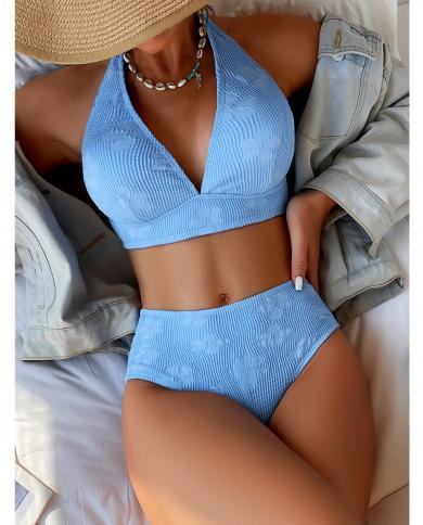 Sky Blue Bikini Set Women 2023 Summer High Waist 2 Piece Swimsuit  V Neck Suspender Lace Up Bathing Suit Beachwear Pxff4