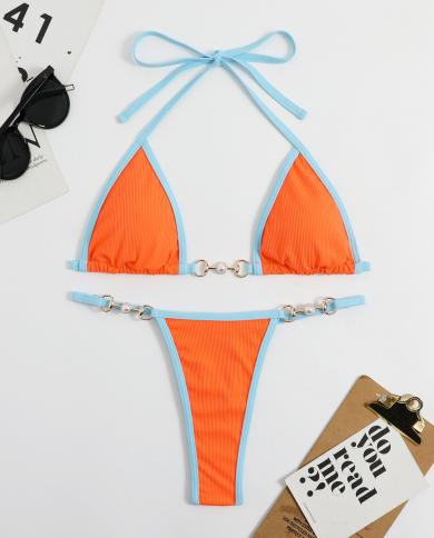 Three Point Bikini Women 2023 Micro Two Piece Swimsuit Solid Color Triangle Cup V Neck Pearl Chain Thong Swimwear Wx230