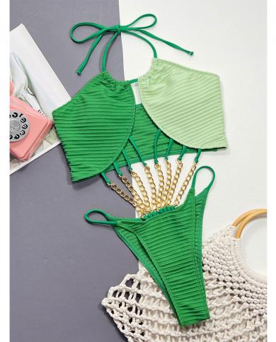 Biquíni verde feminino 2023 corrente uma peça roupa de banho cintura alta oca frente única monoquíni suspensório maiô Xmc955k