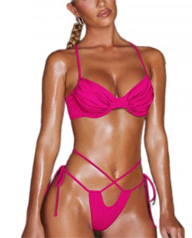 2023 Wrinkle Bikini 2 peças Maiô Feminino Cross Bandage Tanga Praia Maiô Bandagem Suspensório Biquíni Sem Costas Qj3