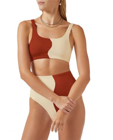 2023 Solid Color Splicing Bikini Two Piece Swimsuit Women  U Neck Suspender Backless Bathing Suit High Waist Swimwear Qj