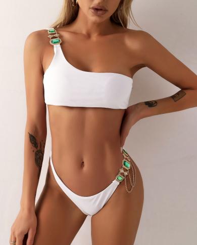 2023 Crystal Diamond Bikini Solid Color Single Shoulder  Metal Chain Swimsuit Women Backless Low Waist Thong Beachwear B