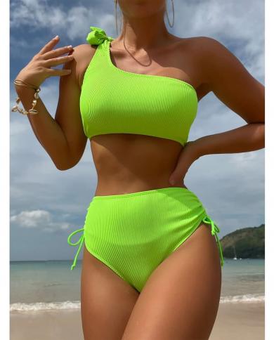 בגד ים לנשים 2023 ביקיני ניאון ירוק בגדי ים מותניים גבוהים 2 חלקים בגד ים כתף יחידה תלבושות חוף kjzt