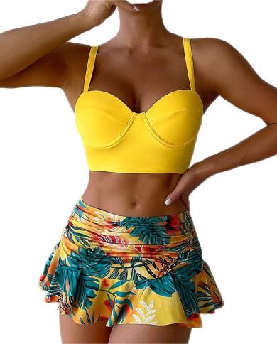 Underwire مجموعة البكيني 2023 المرأة مطوي تنورة قطعتين ملابس السباحة الصيف الحمالة الشاطئ ثوب السباحة ملابس السباحة عالية الخصر