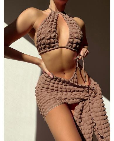 Three Piece Bikini Women 2023 Solid Color Lattice Swimsuit Skirt Bathing Suit High Waist Thong Summer Beachwear Ysm23010