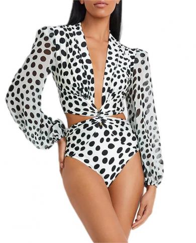 2023 Fashion Bodysuit Bikini Women Long Sleeve Polka Dots One Piece Swimwear  V Neck Hollow Out Swimsuit High Waist Biki