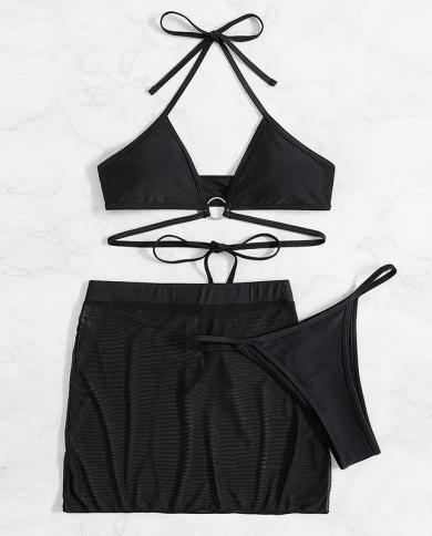 Black Bikini Set Women 2023 3 Piece Gauze Skirt Swimsuit Excellent Quality High Waist Bathing Suit  Thong Swimwear Beach