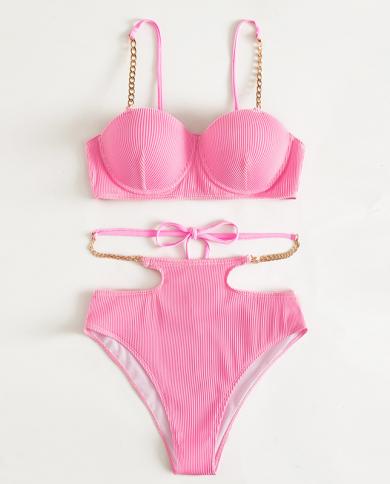 Pink  Metal Chain Bikini Hard Pack Push Up Swimsuit Women 2022 High Waist Cut Out Two Piece Swimwear Summer Bathing Suit