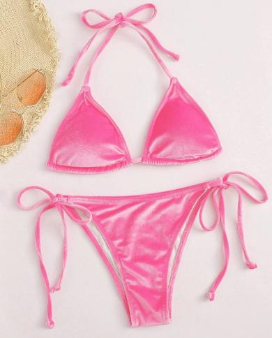  Velvet Bikini 2023 Mujer Women Solid Pink Push Up Thong Swimsuit Cut Out Bandage Bathing Suit Micro Swimwear Beach Outf