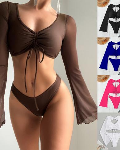 Swimsuit Women 2023 New Tulle Long Sleeve Two Piece Bikini Solid Color  V Neck Bathing Suit High Waist Swimwear Gmkl2308