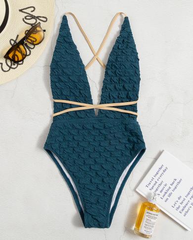 2023 Women Swimwear Solid Color  One Piece Bikini V Suspender  Bathing Suit Cross Bandage Backless Summer Beachwear Lcy2