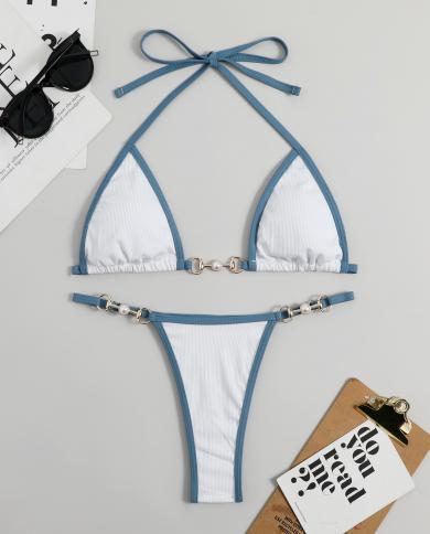 Micro deux pièces maillot de bain 2023 femmes couleur unie Triangle coupe col en V Bikini perle chaîne taille basse string maill