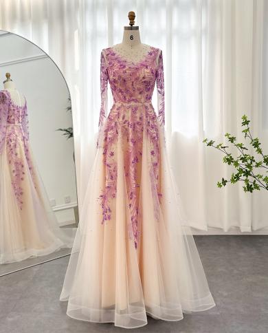 Sharon Said Saudi Arabic Long Sleeve Lilac Evening Dresses For Women 2023 Luxury Dubai Designer Wedding Party Formal Gow