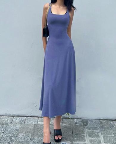 Women Sleeveless Basic Tank Dress Summer Solid Color Casual Basic Scoop U Neck Crewneck Bodycon Swing Long Party A Line 