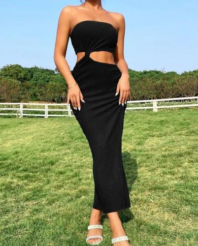 Womens Summer  Backless Long Dress Solid Color Bodycon Split  Sleeveless Off Shoulder Hollow Y2k Dress Party Clubwear