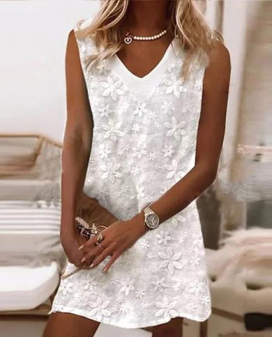 Elegant Lace Embroidered Loose Mini Dress Summer  V Neck Solid Color Party Dress 2023 Women Casual Sleeveless Beach Dres