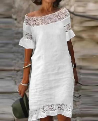  Slash Neck Short Sleeve Party Dress Women Elegant Lace Embroidery Hollow Beach Dress 2023 Summer Fashion Cotton Linen D