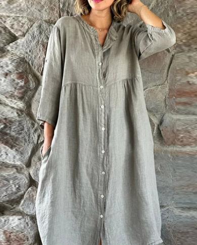 Women Fashion Stand Collar Cotton Linen Dress Office Elegant Button Simple Solid Shirt Dress Casual 34 Sleeve Loose Lon