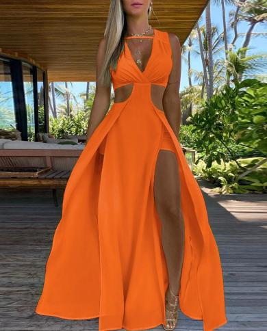 Women  Deep V Neck Hollow Long Dress Summer Elegant Hight Split Solid Party Dress Fashion Hight Waist Sleeveless Beach D