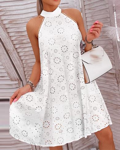  Halter Sleeveless Loose A Line Dress 2023 Summer Elegant Solid Mini Dress Women Fashion Embroidery Hollow Out Party Dre