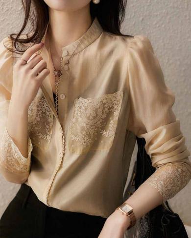 Fashion Lace Embroidery Chiffon Blouses Elegant Office Lady Shirt With Pockets Women Tops Button Vintage Blusas Clothes 