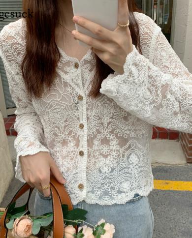  Cotton Crochet Hollow Lace Shirt Summer V Neck Sunscreen Womens Tops  Sweet Loose Long Sleeve White Blouse Tops 14828sh