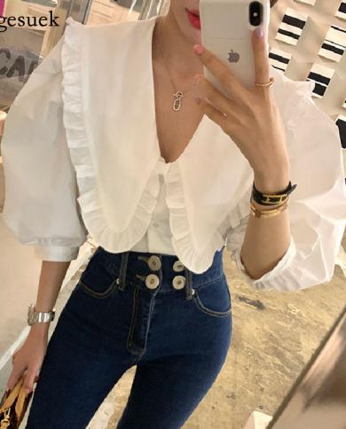  Women Loose Blouses And Shirts Sweet Peter Pan Collar Ruffled White Shirt Puff Short Sleeve New Fashion Tops Blusas 142