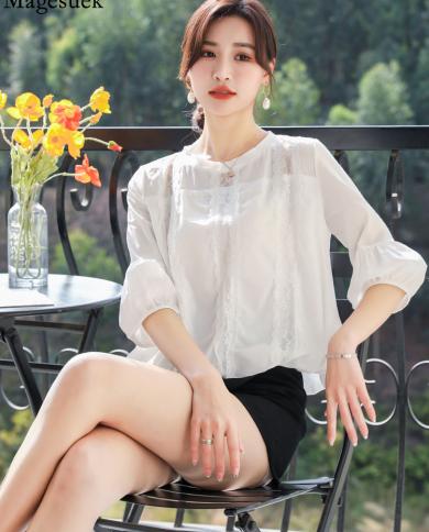 Fashion Lace Chiffon Womens Blouse Embroidered Casual Short Sleeve Loose Tops O Neck Summer Flowers Shirts White Blusas