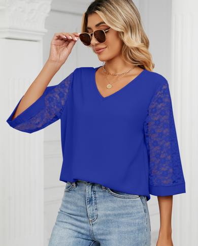 Casual Half Sleeve Summer Chiffon Blouse Lace Mesh V Neck Women Loose Hollow Tops 2023 Fashion Mujer Ladies Blusas Colth