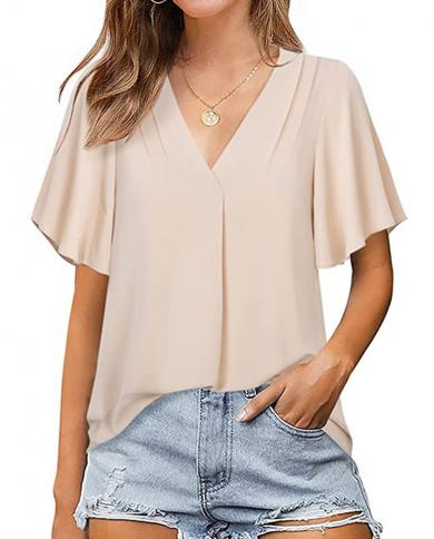 V Neck Flare Short Sleeve Chiffonblouses Elegant Summer Tops Lady Casual Blouse For Women Fashion 2023 Loose Solid Shirt