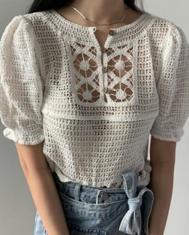 Summer Knitted Lace Blouse 2023  Fashion Women Puff Short Sleeve Tops O Neck Sweater Hollow Out Elegant Shirt Blusas 263